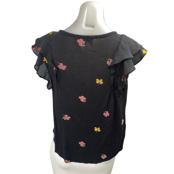 Ann Taylor LOFT Black Floral Short Flutter Sleeve Crew Neck Blouse Top Size S - Picture 2 of 4